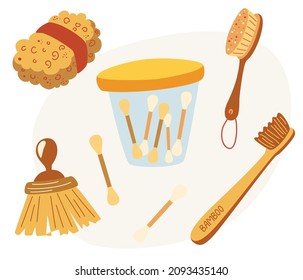 Bathroom accessories and tools collection. Brush, toothbrush, sponge and ear sticks. Eco friendly. No plastic, zero waste. Hand draw vector illustration.