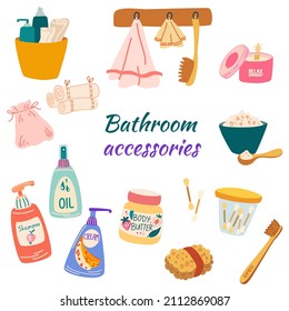 Bathroom accessories. Towels, bath salts, toothbrushes and massage, Shampoo, Cream, oil and candles. Items for taking care of yourself and your body. Vector cartoon illustration