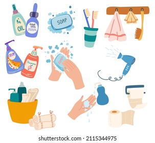 Bathroom accessories. Towels, shampoo, cream, oil, toothbrushes, soap, hair dryer and toilet paper. Personal hygiene and everyday body care bathroom elements. Cartoon flat vector illustration