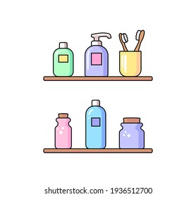 Bathroom accessories vector icon set. Personal hygiene supplies. Flat line outline trendy color design. Sanitary and care elements, home interior. Elements isolated on white background