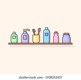 Bathroom accessories vector icon set. Personal hygiene supplies. Flat line outline trendy color design. Sanitary and care elements, home interior. Elements isolated on white background
