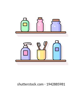 Conjunto de iconos vectoriales de accesorios de baño. Suministros de higiene personal. Diseño de color de diseño de línea plana. Elementos sanitarios y cuidados, interior de casa. Elementos aislados en fondo blanco