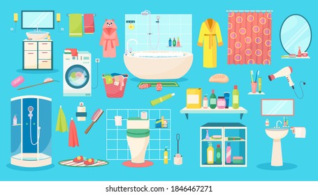 Conjunto de ilustraciones vectoriales de accesorios de baño. Caricatura baño plano accesorio colección de artículos de higiene personal, productos y cosméticos, bañera con espuma de jabón, toalla de albornoz en cesta de lavandería