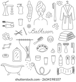 Bathroom. Accessories for water procedures and body care. Sketch. Set of vector illustrations. Doodle style. Outline on an isolated white background. Coloring for children. Tap with water, robe, woman