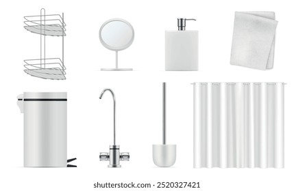 Bathroom accessories white and chrome metallic tools for interior set realistic vector illustration. Bath shelves mirror jar for soap towel trash can faucet pipe cleaner brush curtain shower household