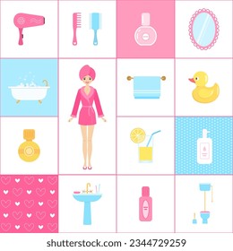 Bathroom and accessories for women. Doll house. Clipart. Doll house. Cartoon flat style. Vector illustration