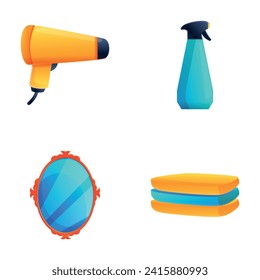 Bathroom accessory icons set cartoon vector. Hair dryer, towel, mirror. Body care, hygiene