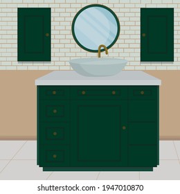 The bathroom is available in green, white and beige. Bathroom interior in a house, hotel with sink, mirror