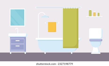 Bathroom background modern vector. Bathtub, shower, shower curtain, mirror toilet. Interior flat illustration.