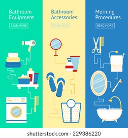Bathroom banner flat colored set with equipment accessories and morning procedures elements isolated vector illustration