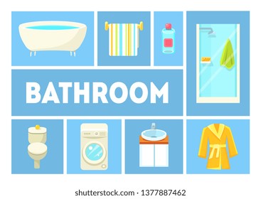 Bathroom Banner Template, Furniture and Accessories, Design Elements For Bathroom Interior Vector Illustration