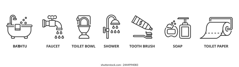 Bad Banner Web Icon Vektorillustration Konzept mit Icon der Badewanne, Wasserhahn, Toilettenschüssel, Dusche, Zahnbürste, Seife, Toilettenpapier