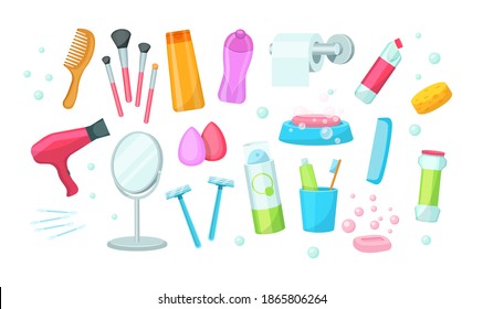 Bathroom with bath accessories. Soap dish, glass with paste and brushes, shaving cream, bathroom, sink cleaners, hairdryer, mirror, bathrobe, combs and makeup accessories vector illustration