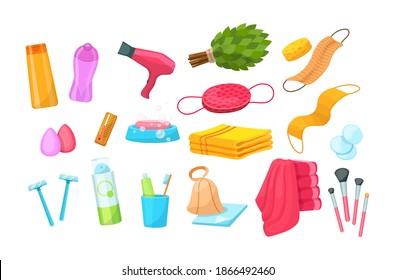 Bathroom With Bath Accessories. Soap Dish, Glass With Paste And Brushes, Shaving Cream, Bathroom, Sink Cleaners, Hairdryer, Mirror, Bathrobe, Combs And Makeup Accessories Vector Illustration