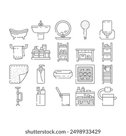 bathroom bath equipment hygiene icons set vector. water, brush wash, house clean, plumber home sink, soap, tool shower, bucket, drain bathroom bath equipment hygiene black contour illustrations