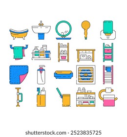 bathroom bath equipment hygiene icons set vector. water, brush wash, house clean, plumber home sink, soap, tool shower, bucket, drain bathroom bath equipment hygiene color Contour Illustrations