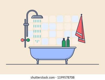 Bathroom with bath and shower, shampoo and lotion for body, towel. Interior view on room for hygiene and washing, apartment or flat design. House or home architecture planning theme