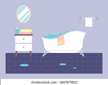 Bathroom, bathtub with foam, towel. Water puddles on blue tiled floor. Personal hygiene products on cupboard. Mirror, towel holder atthe wall. Taking a bath. The concept of staying home. Flat image