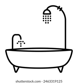 Bathroom: bathtub with legs, faucet and shower hose. Front view, vector black line illustration, outline monochrome sign