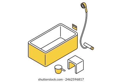 Cuarto de baño: bañera, ducha, silla y bañera, ilustración isométrica, Ilustración vectorial