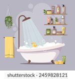 Bathroom with bathtub, shower, grooming cosmetics, towel, rubber duckie and plant. Cozy modern bathroom interior. Daily care, human hygiene, body wash. Stock vector illustration.
