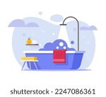 Bathroom bathtub shower vector flat or bath tub room cartoon modern illustration interior graphic with steam foam soap water bubbles image clipart