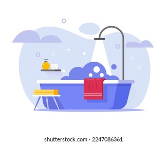 Bathroom bathtub shower vector flat or bath tub room cartoon modern illustration interior graphic with steam foam soap water bubbles image clipart