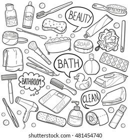 Bathroom Beauty Objects Doodle Icons Hand Made vector illustration sketch.