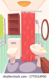 Bathroom with beige and blue walls, orange lamp andpink curtain. Cozy wc with mirror. Ready for game design, web, mobile app design. 
Vector cartoon flat illustration.