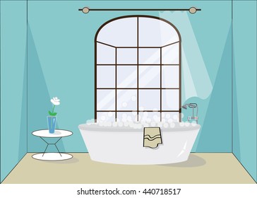 The bathroom in blue style with big window view and the rose in the vase.
