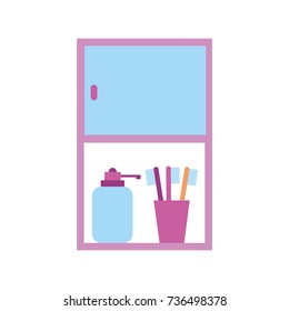 bathroom cabinet with bottle soap and toothbrush accessories