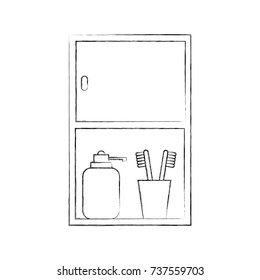bathroom cabinet with bottle soap and toothbrush accessories