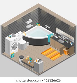 Bathroom with candles bath washing machine and mirror isometric vector illustration 