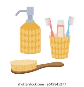 Bathroom care products. Beauty tooth and skincare, organic soap or lotion, tooth paste tubes and hair brush flat flat vector illustration. Cartoon bathroom elements