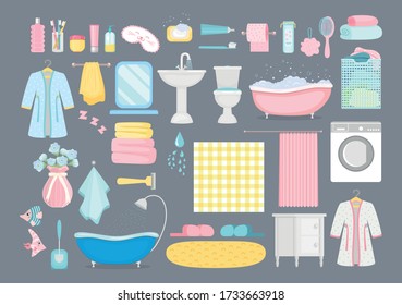 Bathroom cartoon elements. Vector bath room interior furniture and hygiene accessories, bath and towel, soap and toothbrush