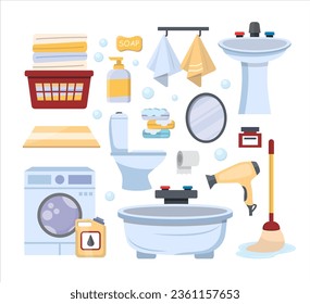 bathroom cartoon items. restroom furniture and accessories, interior elements, shower, towels, shampoo flasks, wash objects. vector bath electronic hygiene items flat set.