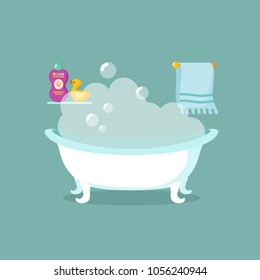 Bathroom cartoon vector interior with bathtub full of foam and shower. Illustration of bath interior, bathroom or bathtub
