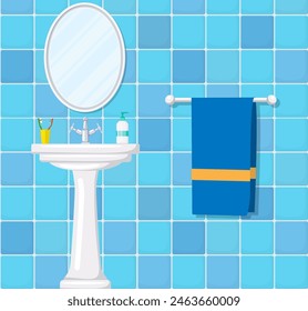 bathroom ceramic wash basin, tiled walls, mirror and towel. Part of bathroom interior. Vector illustration in flat style