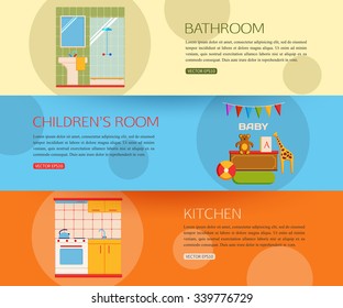 Bathroom, children's room, kitchen interior design. Vector illustration