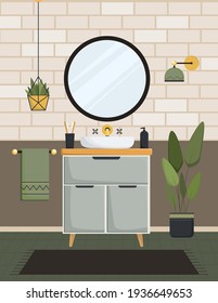 Bathroom. Clean bathroom with bathtub with sink and accessories in a modern style. Flat vector illustration. Modern bathroom interior with bathtub. Bathroom with furniture.