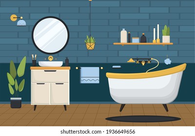 Bathroom. Clean bathroom with bathtub with sink and accessories in a modern style. Flat vector illustration. Modern bathroom interior with bathtub. Bathroom with furniture.