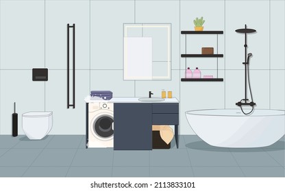 Bathroom. Clean blue bath with shower. flat style.