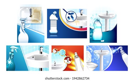 Carteles publicitarios del limpiador de baño - Vector Set. Colección De Diferentes Pancartas De Promo Creativo Con Frasco De Spray En Blanco Líquido, Tile Y Limpio. Diseño de concepto Ilustraciones 3d realistas