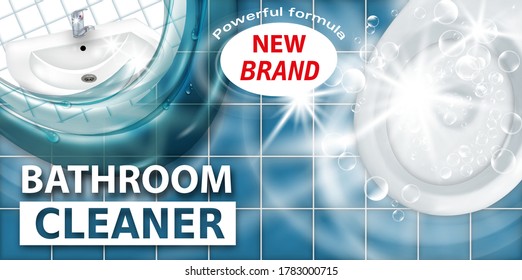 Bathroom cleaner. Cleaning of toilet and ceramic sink. Ad and package design realistic template, 3d illustration. Vector