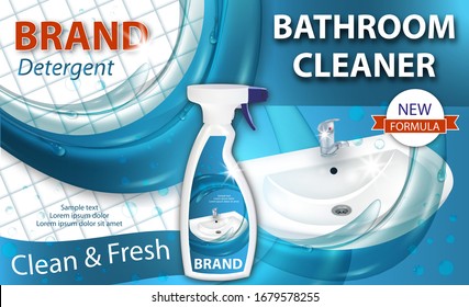 Bathroom cleaner killing bacteria. Plastic spray bottle with detergent. Cleaning of ceramic sink. Ad design template, 3d illustration. Vector