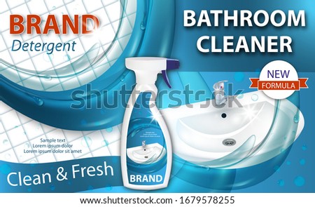 Bathroom cleaner killing bacteria. Plastic spray bottle with detergent. Cleaning of ceramic sink. Ad design template, 3d illustration. Vector