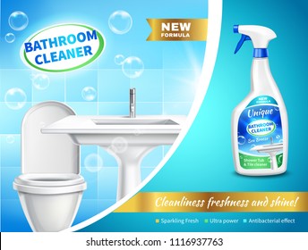 Bathroom cleaner realistic composition  with advertising of sparking fresh ultra power antibacterial effect vector illustration 