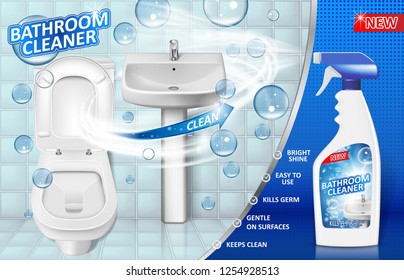 Bathroom cleaners ad poster, spray bottle mockup with liquid soap detergent for bathroom sink and toilet with bubbles. 3d Vector illustration