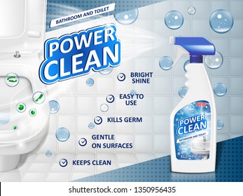 Bathroom cleaners ad poster, spray bottle mockup with detergent for bathroom sink and toilet with bubbles. 3d Vector illustration