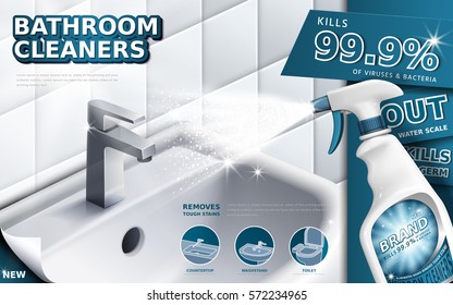 Bathroom cleaners ads, spray bottle with detergent liquid used for bathroom in 3d illustration